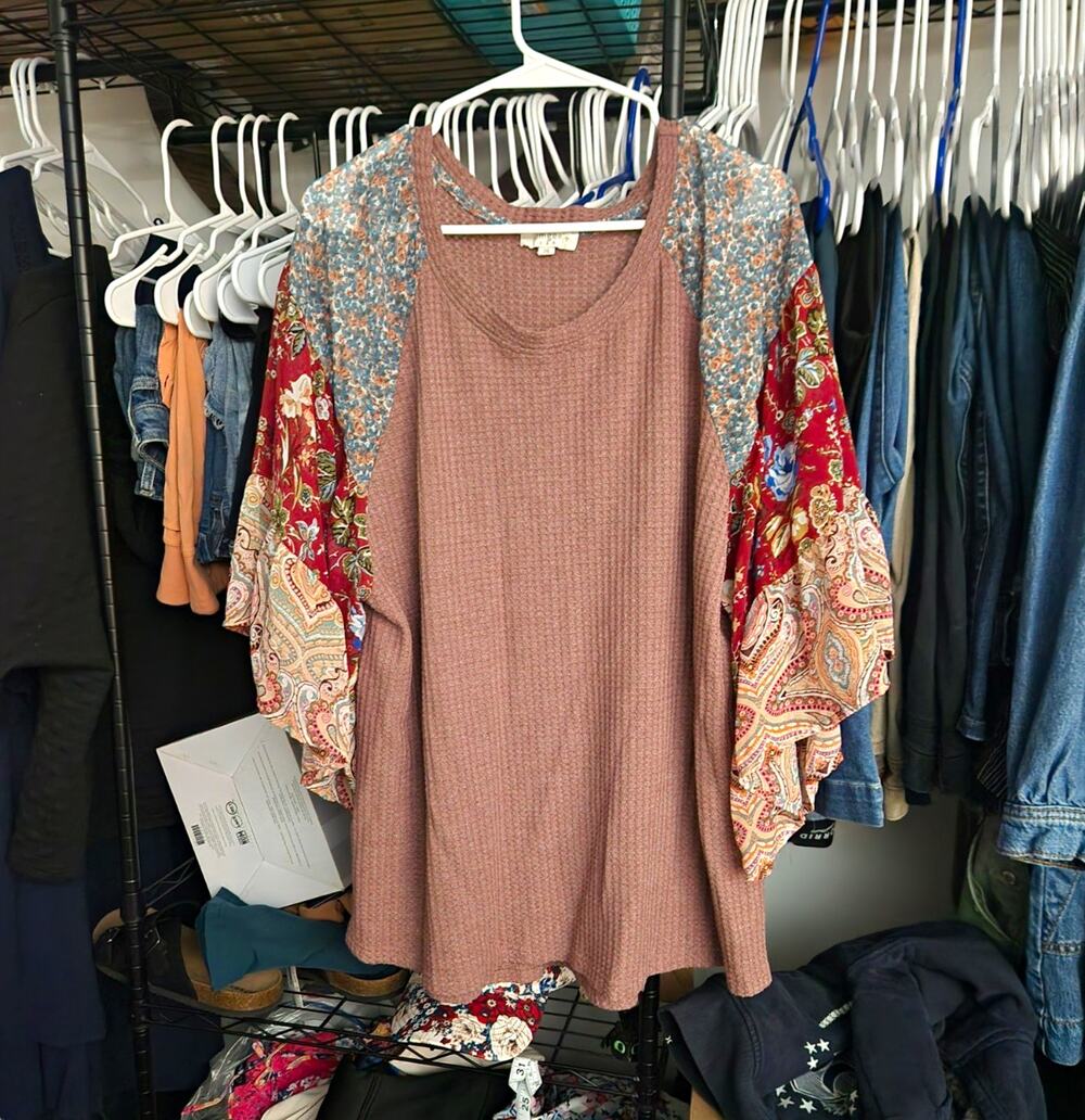 Umgee 2XL Boho Waffle Knit Floral Paisley Bell Sleeve Tunic Top Mauve